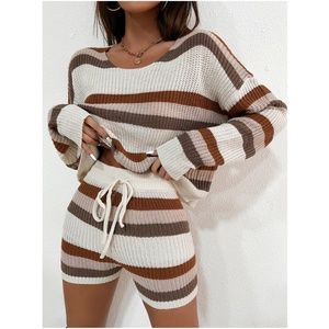 Cozy Stripes Knit Oversized Sweater Lounge Shorts Set